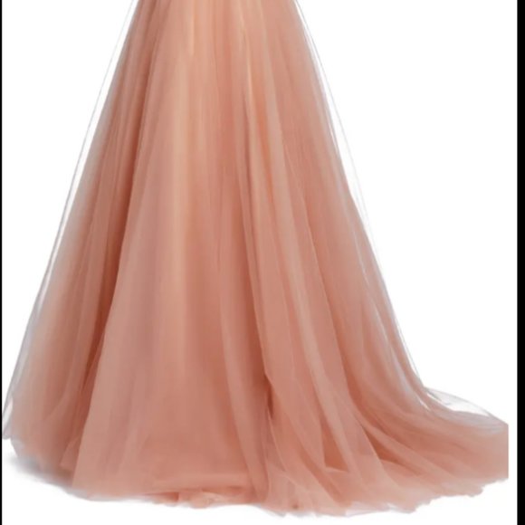MAC DUGGAL ILLUSIONS EMBELLISHED BOAT NECK TULLE APRICOT BALL-GOWN sz 4 - Picture 6 of 6